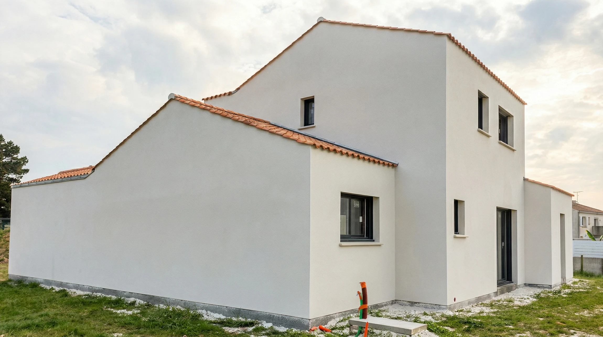 Fa&ccedil;ade d'une maison r&eacute;sidentielle de style colonial avec toit en tuiles terre cuite et murs cr&eacute;pis beige clair