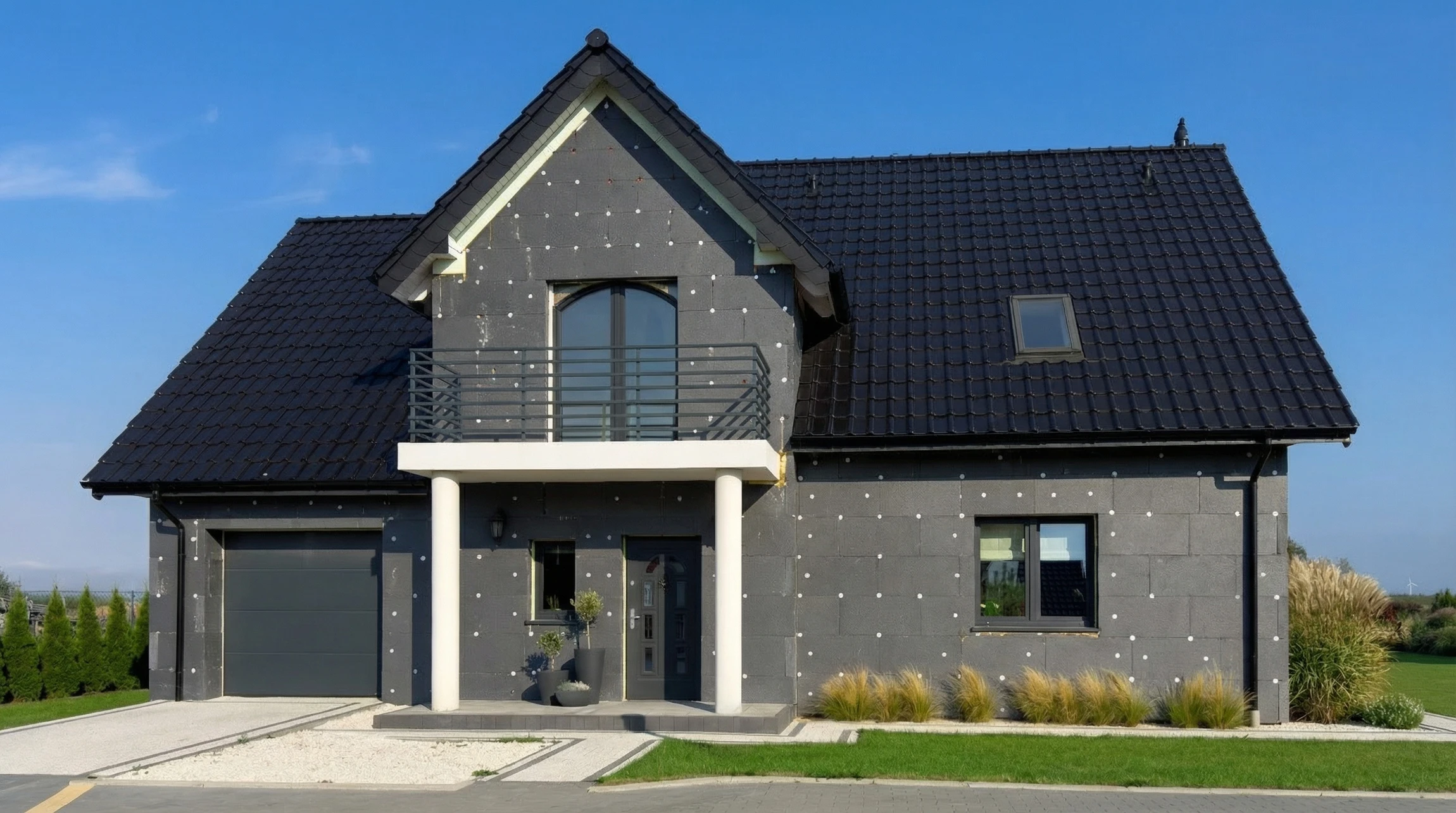 Extérieur résidentiel moderne avec maison contemporaine à toit en tuiles anthracite et skylight